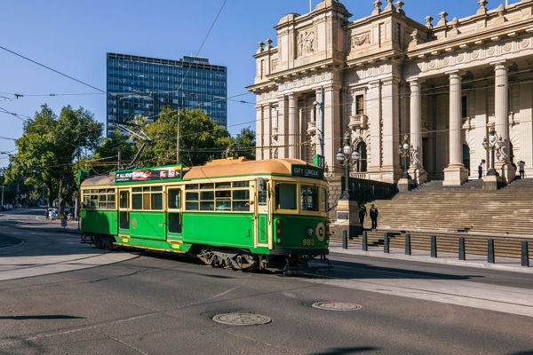 Iconic heritage W-Class tram out the front of Parliament House