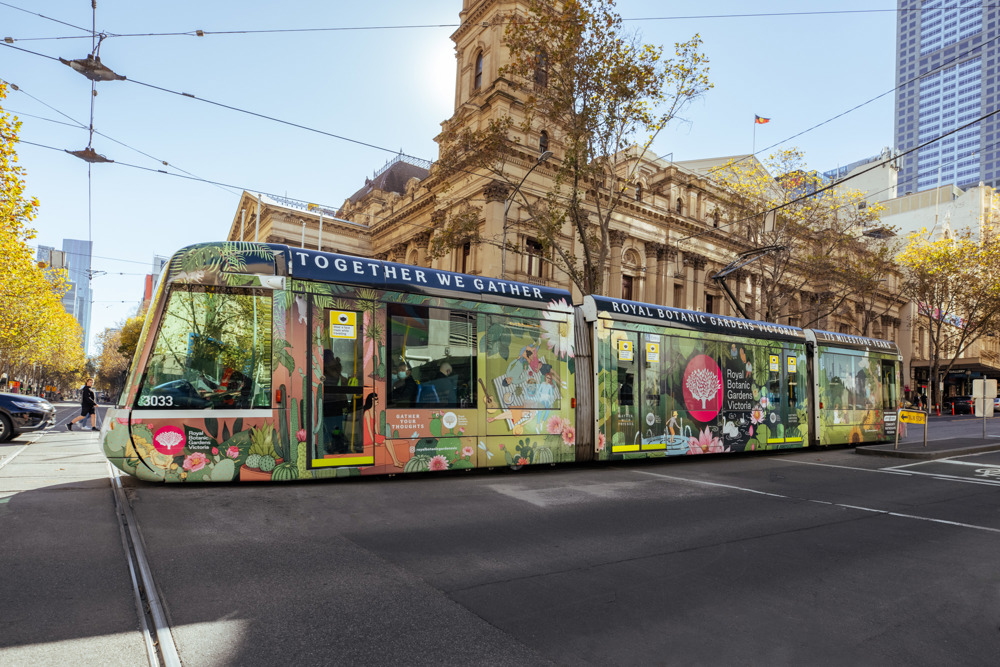 Photo: Royal Botanic Gardens Victoria's vibrant tram asking Melburnians to give nature a moment.