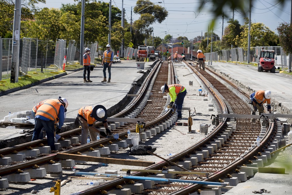 photo of embedded tram track being constructed